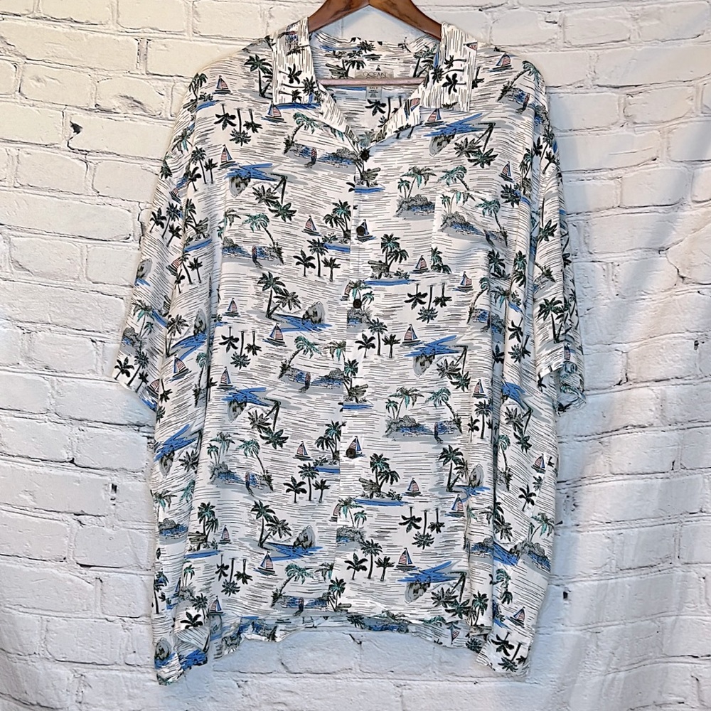 Ocean Coast Tropical & Sailboat Print Short Sleeve Button Down Shirt Size 3XLT
